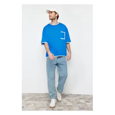 Trendyol Blue Oversize Pocket Color Blocked 100% Cotton T-Shirt