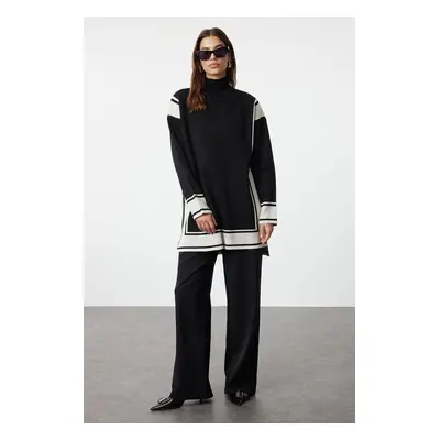 Trendyol Black Comfortable Cut Knitwear Striped Tunic-Pants Bottom-Top Set