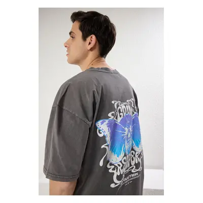 Trendyol Anthracite Unisex Oversize/Wide Cut Faded Effect Butterfly Print 100% Cotton T-Shirt