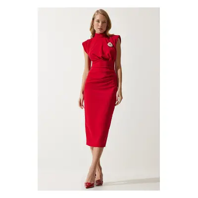 Happiness İstanbul Women's Red Elegant Brooch Gathered Wrap Knitted Dress