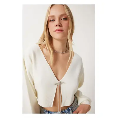 Happiness İstanbul Women's Ecru Stoned Bow Tie Crop Knitwear Cardigan