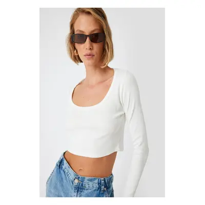 Koton Long Sleeve Crop T-Shirt Ribbed Deep Round Neck Cotton Slim Fit