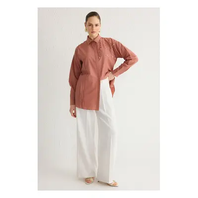 Trendyol Cinnamon Pearl Detailed Cotton Woven Shirt