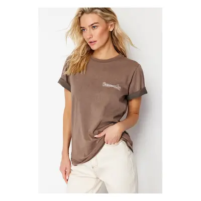 Trendyol Brown Faded Effect Printed Basic Knitted T-Shirt