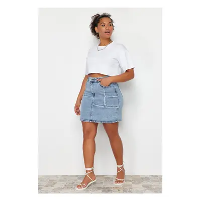 Trendyol Curve Light Blue Stitching and Tassel Detailed Mini Denim Skirt