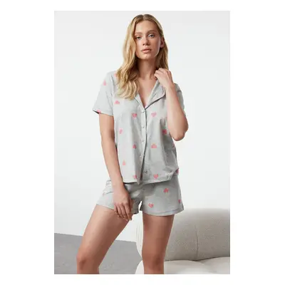 Trendyol Gray Melange 100% Cotton Heart Shorts Knitted Pajama Set