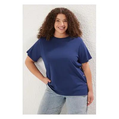 Trendyol Curve Navy Blue Boyfriend Fit Side Snap Detail 100% Cotton Knitted Plus Size T-shirt