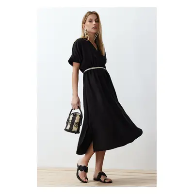 Trendyol Black Straight A-line Double Breasted Collar Balloon Sleeve Belt Detailed Lily Maxi Wov