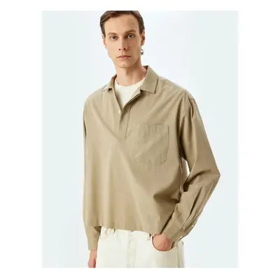 Koton Cotton Pocket Detailed Long Sleeve Half Button Shirt