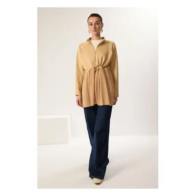 Trendyol Beige Diver/Scuba Pleated Zippered Woven Tunic