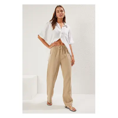 Trendyol Mink Muslin Elastic Waist High Waist Wide Leg Woven Trousers