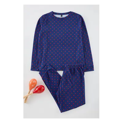 Trendyol Navy Blue Unisex Polka Dot Pajama Set Knitted Top-Bottom Set