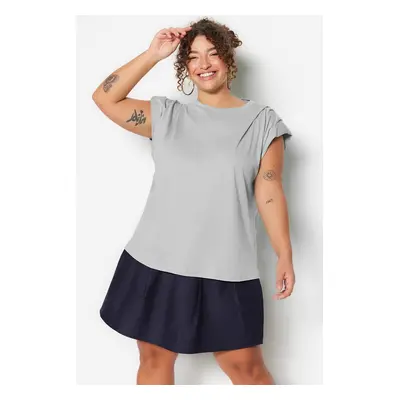 Trendyol Curve Grey Crew Neck Basic 100% Cotton Knitted Plus Size Blouse