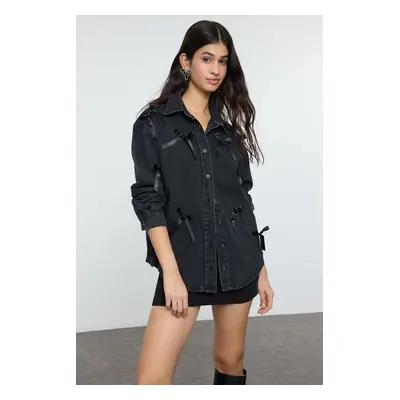 Trendyol Denim Oversize Shirt with Black Bow/Ribbon Detail