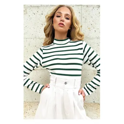 Trend Alaçatı Stili Women's Green Half Turtleneck Striped Knitted Crop Blouse