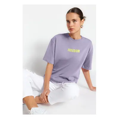 Trendyol Lilac 100% Cotton Slogan Printed Relaxed/Comfortable Fit Crew Neck Knitted T-Shirt