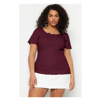 Trendyol Curve Plum Corduroy Pool Collar Knitting Plus Size Blouse