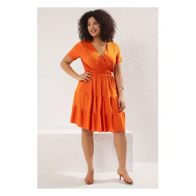 Trendyol Curve Orange V Neck Stakter Knitted Plus Size Dress