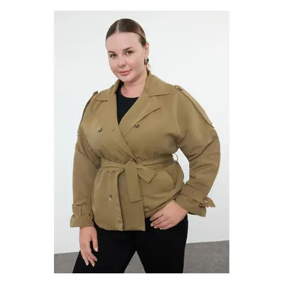 Trendyol Curve Green Regular Fit Short Length Technical Fabric Plus Size Trench Coat