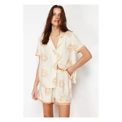 Trendyol Ecru-Orange Sun Patterned Viscose Shorts Woven Pajama Set