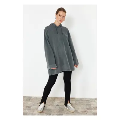 Trendyol Anthracite Acid Washed Hooded Oversize Knitted Sweatshirt