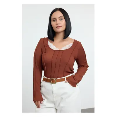 Trendyol Curve Brown Lace Collar Detailed Knitted Plus Size Blouse