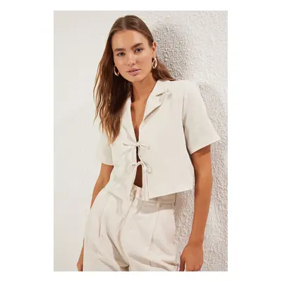 Trendyol White Linen Short Sleeve Tie Detail Woven Blazer Jacket