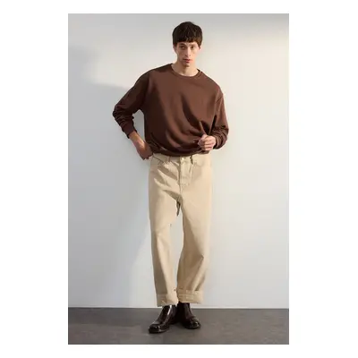 Trendyol Dark Brown Premium Crew Neck Oversize/Wide Cut Text Diagonal Sweatshirt