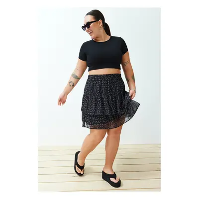 Trendyol Curve Black Floral Skirt Frilly Mini Woven Skirt