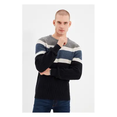 Trendyol Grey Slim Fit Wool Crew Neck Panelled Color Block Knitwear Sweater