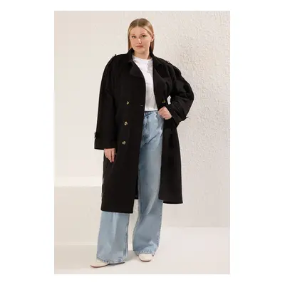 Trendyol Curve Black Long Oversize Plus Size Trench Coat