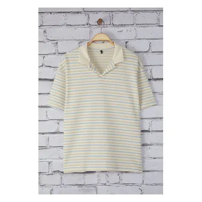 Trendyol Unisex Blue Oversize/Wide Cut Striped Polo Neck T-shirt