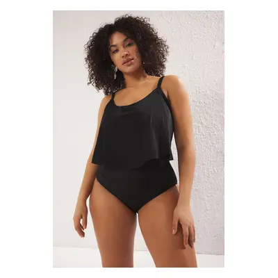 Trendyol Curve Black Ruffle Detail Round Neck Strap Plus Size Swimsuit