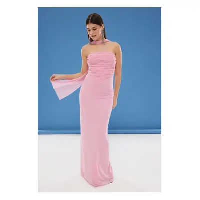 Trendyol Powder Scarf Tulle Knitted Maxi Evening Dress & Graduation Dress