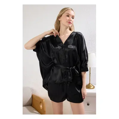 Trendyol Black Plain Satin Shorts Woven Pajama Set