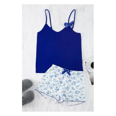 Trendyol Blue Floral Ribbon/Bow Rope Suspender Knitted Pajama Set