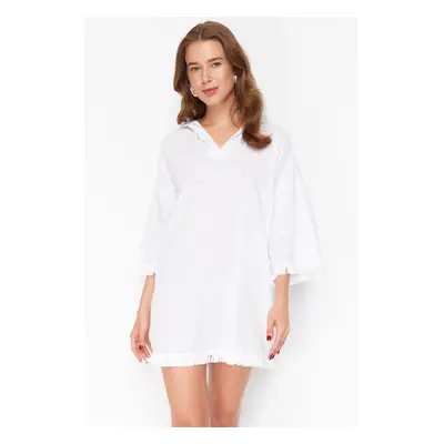 Trendyol White Wide Fit Mini Woven Tasseled 100% Cotton Beach Dress