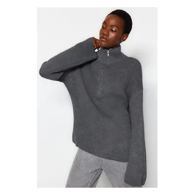 Trendyol Anthracite Zippered Stand Collar Knitwear Sweater