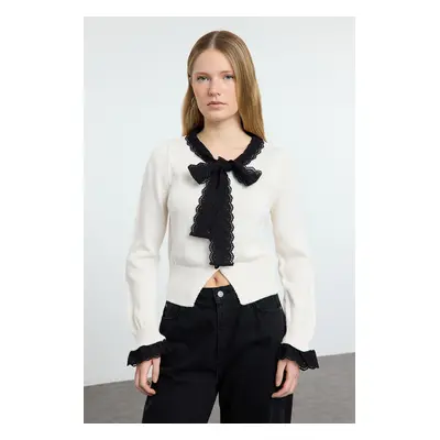 Trendyol Ecru Garni Detailed Color Block Knitwear Cardigan