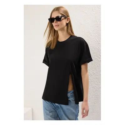 Trendyol Black 100% Jersey With Slits Relaxed Cut Asymmetrical Knitted T-Shirt