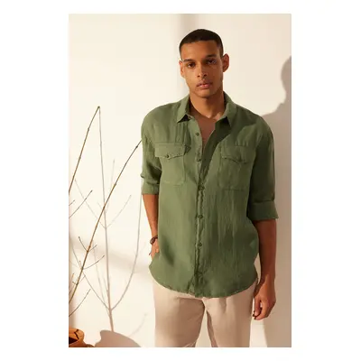 Trendyol Dark Green Limited Edition 100% Linen Regular Fit Shirt