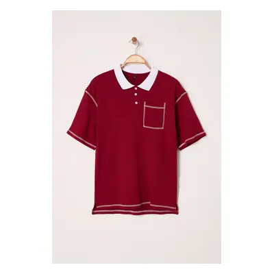 Trendyol Claret Red Oversize/Wide Cut Stitch Detail Polo Neck T-shirt