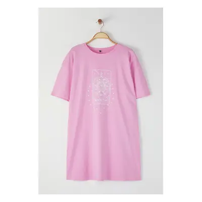 Trendyol Curve Pink Geometric Printed 100% Cotton Knitted Plus Size T-Shirt Dress