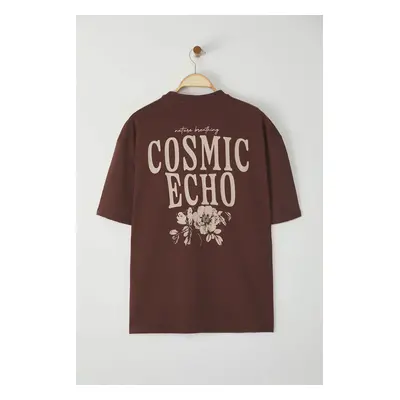 Trendyol Dark Brown Oversize/Wide Cut 100% Cotton Printed T-Shirt