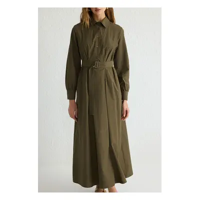 Trendyol Khaki Shirt Collar Belted Woven Dress