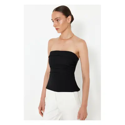 Trendyol Black Strapless Fitted Draped Woven Blouse