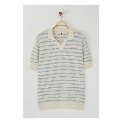 Trendyol Ecru Regular Striped Textured Knitwear Polo Neck T-shirt