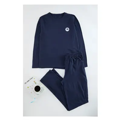 Trendyol Navy Blue Regular Fit Camel Printed Knitted Pajama Set