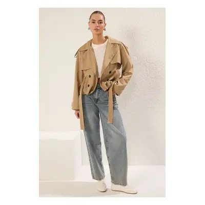 Trendyol Mink Belted Regular Short Trench Coat