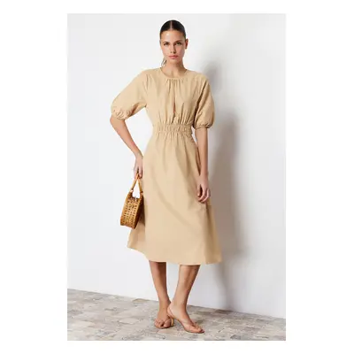 Trendyol Camel Waist Open Back Detail Midi Woven Dress